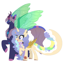 Size: 2463x2378 | Tagged: safe, artist:midnightamber, derpibooru exclusive, derpibooru import, oc, oc only, oc:mish-mash, alicorn, bat pony, bat pony alicorn, changedling, changeling, hybrid, kirin, pony, 2022 community collab, alicorn oc, amputee, artificial wings, augmented, bat pony oc, bat wings, changedling oc, changeling oc, coat markings, collar, derpibooru community collaboration, duo, ear piercing, earring, eyeshadow, fangs, female, freckles, genderfluid, hidden wings, horn, jewelry, kirin oc, makeup, mare, multicolored hair, piercing, prosthetic limb, prosthetic wing, prosthetics, raised hoof, raised leg, scar, simple background, size difference, tattoo, transparent background, unnamed oc, unshorn fetlocks, uwu, wings