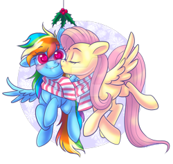 Size: 1280x1215 | Tagged: safe, artist:wicked-red-art, derpibooru import, fluttershy, rainbow dash, pegasus, pony, blushing, clothes, cute, dashabetes, deviantart watermark, eye clipping through hair, eyes closed, female, flutterdash, flying, heart eyes, holly, holly mistaken for mistletoe, kiss on the cheek, kissing, lesbian, mare, obtrusive watermark, one ear down, scarf, shared clothing, shared scarf, shipping, shyabetes, simple background, smiling, snow, snowflake, spread wings, transparent background, watermark, wingding eyes, wings