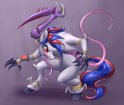 Size: 3400x2900 | Tagged: safe, artist:ailish, derpibooru import, oc, oc:snowi, insect, pony, fallout equestria, biohazard, blue, blue hair, claws, fallout, female, full body, gold, hooves, horn, insect scythe, long tongue, mare, mutant, post-apocalyptic, red and blue, red eyes, red hair, scythe, sharp teeth, teeth, tentacles, tongue, tongue out, white pony