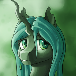 Size: 1650x1650 | Tagged: safe, artist:stardustspix, oc, oc only, oc:wespe, changeling, changeling queen, female, green background, green mane, looking to side, looking to the right, not chrysalis, parent:queen chrysalis, simple background, solo