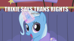 Size: 1280x720 | Tagged: safe, derpibooru import, edit, edited screencap, screencap, trixie, pony, unicorn, boast busters, bait and switch, cute, deleted from derpibooru, diatrixes, female, happy, horn, image, image macro, magic, mare, open mouth, png, smiling, solo, text, transphobia