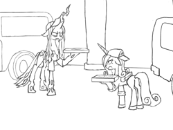 Size: 2000x1500 | Tagged: safe, artist:grabsswesh, artist:kabayo, derpibooru import, princess cadance, queen chrysalis, alicorn, changeling, changeling queen, pony, 60s spider-man, angry face, black and white, cadance's pizza delivery, cap, car, clothes, duo, ears, female, floppy ears, folded wings, food, frown, grayscale, hat, looking at each other, looking at someone, love bug pizza, mare, meme, monochrome, peetzer, pizza, pizza box, pizza delivery, ponified, ponified meme, simple background, unamused, white background, wings