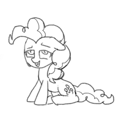 Size: 500x500 | Tagged: safe, artist:omelettepony, ponerpics import, pinkie pie, earth pony, pony, monochrome, open mouth, simple background, sitting, sketch, smiling
