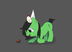 Size: 1000x721 | Tagged: safe, artist:omelettepony, ponerpics import, oc, oc only, oc:anon filly, bird, chicken, earth pony, insect, ladybug, pony, rooster, animal, beak, chest fluff, dot eyes, dunce, dunce hat, earth pony oc, fascinated, female, filly, foal, happy, hat, kneeling, open mouth, open smile, pet, question mark, simple background, smiling, tailband, underhoof, wings