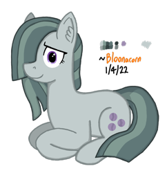 Size: 872x902 | Tagged: safe, artist:bloonacorn, ponerpics import, marble pie, earth pony, one eye covered, signature, simple background, smiling, transparent background