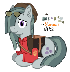 Size: 872x902 | Tagged: safe, artist:bloonacorn, ponerpics import, marble pie, earth pony, one eye covered, signature, simple background, smiling, sniper, team fortress 2, transparent background