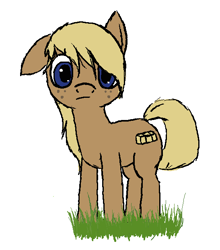 Size: 547x621 | Tagged: safe, artist:pinkchalk, ponerpics import, oc, oc only, oc:hay bale, earth pony, pony, cute, cutie mark, ears, female, floppy ears, freckles, grass, looking at you, mare, simple background, solo, white background