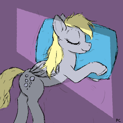 Size: 656x656 | Tagged: safe, artist:pinkchalk, ponerpics import, derpy hooves, pegasus, pony, bed, cutie mark, dock, eyes closed, female, lying on bed, mare, on bed, pillow, signature, sleeping, smiling, solo