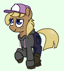 Size: 363x406 | Tagged: safe, artist:anonymous, ponerpics import, oc, oc only, oc:hay bale, earth pony, pony, clothes, female, freckles, green background, hat, hoodie, mare, pants, raised hoof, raised leg, shoes, simple background, smiling, solo