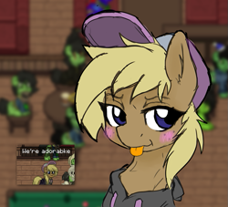 Size: 777x704 | Tagged: safe, alternate version, artist:zebra, ponerpics import, oc, oc only, oc:hay bale, ashes town, ashes.town, baseball cap, blonde, blonde mane, blonde tail, blue eyes, blushing, cap, clothes, freckles, hat, hoodie, scrunchy face, solo, tongue, tongue out