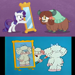 Size: 1280x1280 | Tagged: safe, derpibooru import, edit, screencap, rarity, yona, pony, sheep, unicorn, yak, she's all yak, bipedal, bo sheep, female, garfield and friends, lanolin sheep, male, mare, mirror, photo, reflection, us acres