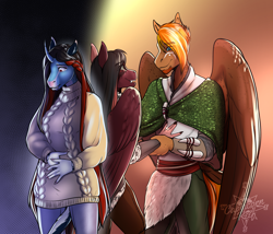 Size: 2370x2026 | Tagged: safe, artist:blackblood-queen, oc, oc only, oc:annie belle, oc:daniel dasher, oc:singe, anthro, dracony, dragon, hybrid, pegasus, unguligrade anthro, unicorn, anthro oc, brother and sister, clothes, couple, digital art, fangs, female, gay, horn, leonine tail, male, mare, oc x oc, pegasus oc, pregnant, shipping, siblings, smiling, stallion, story in the source, tail, unicorn oc
