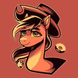 Size: 2100x2100 | Tagged: safe, artist:poxy_boxy, derpibooru import, applejack, earth pony, pony, bust, female, limited palette, mare, red background, simple background, smiling, solo