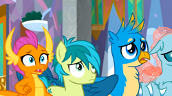 Size: 1600x898 | Tagged: safe, derpibooru import, screencap, gallus, ocellus, sandbar, smolder, changedling, changeling, dragon, earth pony, griffon, pony, uprooted, dragoness, female, male