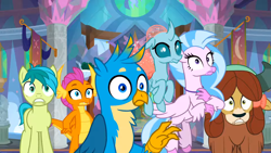 Size: 1600x900 | Tagged: safe, derpibooru import, screencap, gallus, ocellus, sandbar, silverstream, smolder, yona, changedling, changeling, classical hippogriff, dragon, earth pony, griffon, hippogriff, pony, yak, uprooted, bow, dragoness, female, hair bow, jewelry, male, monkey swings, necklace, student six