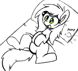 Size: 682x622 | Tagged: safe, artist:pizzahutjapan, derpibooru import, oc, oc:anon filly, earth pony, pony, bed, female, filly, foal, ms paint, simple background, solo, what are we gonna do on the bed?, white background