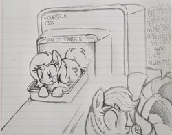 Size: 1440x1127 | Tagged: safe, artist:yidwags, derpibooru exclusive, derpibooru import, applejack, rarity, oc, oc:anon filly, earth pony, pony, unicorn, airport, dialogue, female, filly, foal, lined paper, scanner, traditional art