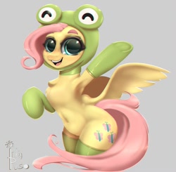 Size: 1000x980 | Tagged: safe, alternate version, artist:inkypuso, derpibooru import, fluttershy, frog, pegasus, pony, animal costume, chest fluff, clothes, costume, cute, female, frog costume, gray background, looking at you, mare, open mouth, open smile, shyabetes, simple background, smiling, smiling at you, solo