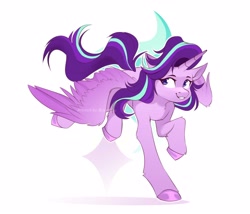 Size: 4096x3510 | Tagged: safe, artist:buvanybu, derpibooru import, starlight glimmer, alicorn, pony, action pose, alicornified, cute, female, glimmerbetes, high res, lidded eyes, looking at you, mare, race swap, simple background, smiling, solo, spread wings, starlicorn, starry eyes, stars, white background, wingding eyes, wings