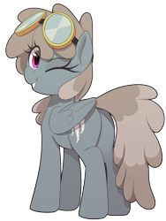 Size: 1500x2000 | Tagged: safe, artist:thebatfang, derpibooru import, dust devil, pegasus, pony, background pony, butt, eye clipping through hair, female, goggles, looking at you, looking back, looking back at you, mare, one eye closed, plot, simple background, smiling, smiling at you, solo, transparent background, wink, winking at you