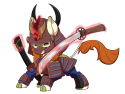 Size: 8000x6000 | Tagged: safe, artist:chedx, derpibooru import, autumn blaze, kirin, absurd resolution, armor, clothes, female, glowing, glowing horn, helmet, horn, katana, magic, patreon, patreon reward, samurai, simple background, solo, sword, telekinesis, transparent background, weapon