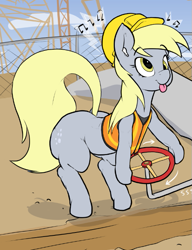 Size: 525x685 | Tagged: safe, artist:parumpi, derpibooru import, derpy hooves, earth pony, pony, :p, bipedal, bipedal leaning, bubble butt, butt, clothes, construction, construction pony, earbuds, female, fence, hard hat, hat, helmet, leaning, mare, music notes, plank, plot, race swap, raised tail, solo, tail, tongue, tongue out, turning, valve, wingless, wood