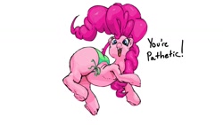 Size: 1280x720 | Tagged: safe, artist:parumpi, derpibooru import, pinkie pie, earth pony, pony, bikini, bikini bottom, clothes, dialogue, female, insult, jumping, looking at you, mare, missing cutie mark, open mouth, raised tail, simple background, solo, subversive kawaii, swimsuit, tail, talking to viewer, thighs, thunder thighs, underhoof, white background