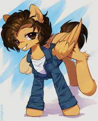 Size: 1280x1576 | Tagged: safe, artist:astralblues, derpibooru import, oc, oc only, pegasus, pony, abstract background, clothes, ear fluff, ears, hock fluff, jacket, shirt, smiling, solo