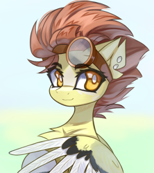Size: 3282x3698 | Tagged: safe, artist:jfrxd, derpibooru import, oc, oc only, pegasus, pony, bust, chest fluff, colored wings, colored wingtips, female, goggles, looking at you, mare, smiling, solo, white pupils, wings