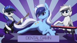 Size: 2400x1349 | Tagged: safe, artist:mrscroup, derpibooru import, minuette, oc, oc:pegasys, pegasus, pony, unicorn, bass guitar, crossed hooves, female, keyboard, looking at you, lying down, mare, musical instrument, prone, song cover