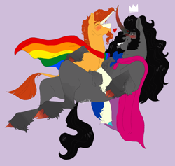 Size: 1598x1513 | Tagged: safe, artist:d3pressedr4inbow, derpibooru import, king sombra, sunburst, classical unicorn, pony, unicorn, bisexual pride flag, blushing, bridal carry, cape, carrying, clothes, cloven hooves, duo, duo male, floating heart, gay, gay pride flag, heart, leonine tail, male, pride, pride flag, purple background, shipping, simple background, solo, somburst, stallion, unshorn fetlocks