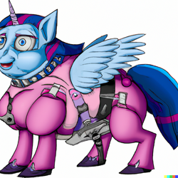 Size: 1024x1024 | Tagged: safe, derpibooru import, machine learning generated, twilight sparkle, alicorn, pony, abomination, collar, cursed image, dall-e 2, happy, machine learning abomination, simple background, solo, white background