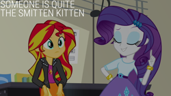 Size: 1920x1080 | Tagged: safe, derpibooru import, edit, edited screencap, editor:quoterific, screencap, rarity, sunset shimmer, equestria girls, rainbow rocks