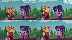 Size: 4400x2475 | Tagged: safe, derpibooru import, edit, edited screencap, editor:quoterific, screencap, sci-twi, sunset shimmer, twilight sparkle, better together, equestria girls, sunset's backstage pass!, pun