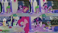 Size: 4400x2475 | Tagged: safe, derpibooru import, edit, edited screencap, editor:quoterific, screencap, applejack, pinkie pie, rarity, spike, twilight sparkle, twilight sparkle (alicorn), alicorn, dragon, sparkle's seven, book, chalkboard, cutie map, ears, floppy ears, magnifying glass, pencil, scroll, twilight's castle, winged spike, wings