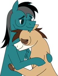 Size: 1440x1880 | Tagged: safe, artist:emc-blingds, derpibooru import, oc, oc only, earth pony, pony, duo, earth pony oc, eyes closed, facial hair, glasses, hug, male, simple background, smiling, stallion, transparent background, unshorn fetlocks