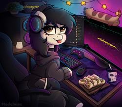 Size: 2600x2284 | Tagged: safe, artist:madelinne, derpibooru import, oc, oc only, oc:mod pone the mod, earth pony, pony, :p, chair, commission, computer, cup, cyberpunk 2077, drink, female, food, gamer, gamer girl, gaming chair, gaming headset, headphones, headset, keyboard, lights, looking at you, mare, microphone, neon, office chair, playing, plushie, room, sitting, solo, sushi, tongue, tongue out