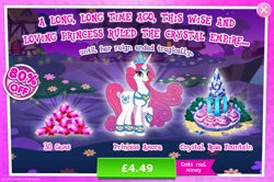 Size: 1961x1302 | Tagged: safe, derpibooru import, idw, princess amore, pony, unicorn, advertisement, bush, costs real money, crown, crystal, fountain, gameloft, gem, horn, jewelry, official, pink mane, pink tail, regalia, sale, tail, water, white coat, white fur