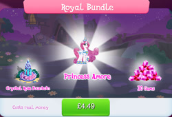 Size: 1267x860 | Tagged: safe, derpibooru import, idw, princess amore, pony, unicorn, bundle, bush, costs real money, crown, crystal, fountain, gameloft, gem, golden oaks library, horn, jewelry, official, pink mane, pink tail, regalia, tail, water, white coat, white fur