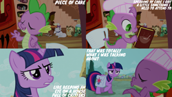 Size: 4400x2475 | Tagged: safe, derpibooru import, edit, edited screencap, editor:quoterific, screencap, gummy, opalescence, owlowiscious, spike, tank, twilight sparkle, unicorn twilight, winona, unicorn, just for sidekicks, bag, book, golden oaks library, saddle bag