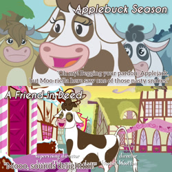 Size: 1920x1920 | Tagged: safe, derpibooru import, edit, edited screencap, editor:itsmgh1203, screencap, daisy jo, cow, a friend in deed, applebuck season, season 1, season 2, eyes closed, female, male, open mouth, open smile, smiling, sugarcube corner, text