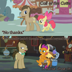 Size: 1920x1920 | Tagged: safe, derpibooru import, edit, edited screencap, editor:itsmgh1203, screencap, apple bloom, doctor whooves, smolder, dragon, earth pony, pony, a horse shoe-in, call of the cutie, season 1, season 9, apple bloom's bow, bow, crossed arms, dragoness, female, hair bow, male, open mouth, open smile, smiling, stallion, sugarcube corner, text