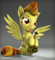 Size: 1503x1642 | Tagged: safe, artist:mister-karter, derpibooru import, spitfire, oc, oc:morozov, pegasus, pony, unicorn, 3d, cute, cutefire, looking at you, mlem, silly, source filmmaker, tongue, tongue out, waving