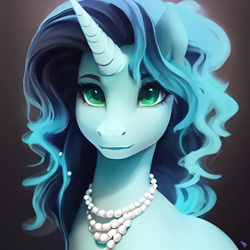 Size: 1024x1024 | Tagged: safe, derpibooru import, generator:purplesmart.ai, generator:stable diffusion, machine learning generated, oc, oc:blue royal, unicorn, fanfic:it's complicated, fanfic art, female, jewelry, mare, necklace, pearl necklace, smiling