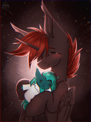 Size: 2247x3003 | Tagged: safe, artist:shinech9, derpibooru import, oc, oc:hardy, oc:malachite bliss, alicorn, bat pony, pony, hug, plushie, smiling