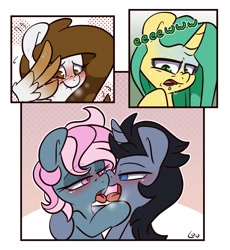 Size: 1872x2032 | Tagged: safe, artist:lou, derpibooru import, oc, oc:dusty star major, oc:juicy dream, oc:peach fuzz, oc:trent, earth pony, pegasus, unicorn, earth pony oc, female, horn, kissing, making out, male, mare, pegasus oc, unicorn oc