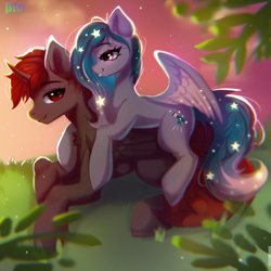 Size: 2000x2000 | Tagged: safe, artist:pie, derpibooru import, oc, oc only, oc:hardy, oc:star universe, alicorn, pegasus, pony, alicorn oc, female, horn, hug, male, mare, ponies riding ponies, riding, stallion, straight, sunset, wings