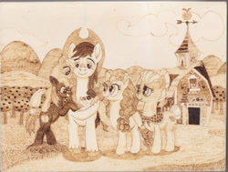 Size: 1920x1449 | Tagged: safe, artist:malte279, derpibooru import, apple bloom, applejack, big macintosh, bright mac, granny smith, pear butter, apple family, barn, clothes, craft, family, granny smith's shawl, orchard, pyrography, scarf, sweet apple acres, traditional art