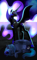 Size: 1729x2812 | Tagged: safe, artist:aztrial, derpibooru import, nightmare moon, princess luna, alicorn, corrupted, ethereal mane, ethereal tail, fangs, s1 luna, solo, story included, tail