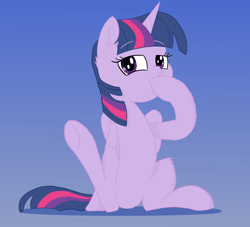 Size: 2200x2000 | Tagged: safe, artist:fakkajohan, derpibooru import, twilight sparkle, twilight sparkle (alicorn), alicorn, pony, female, gradient background, hoof over mouth, simple background, sitting, solo, thinking